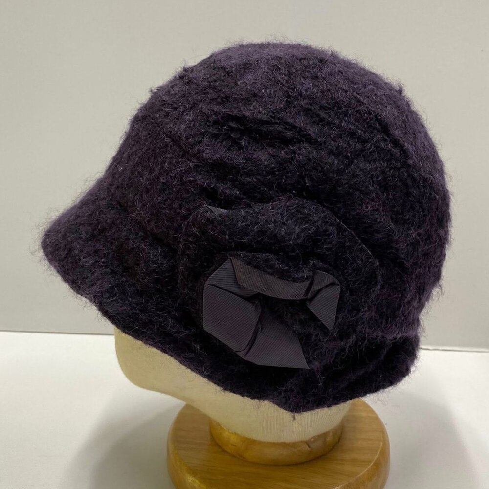 Purple Fuzzy Knit Cloche Hat Bow Detail Vintage Style 🎀